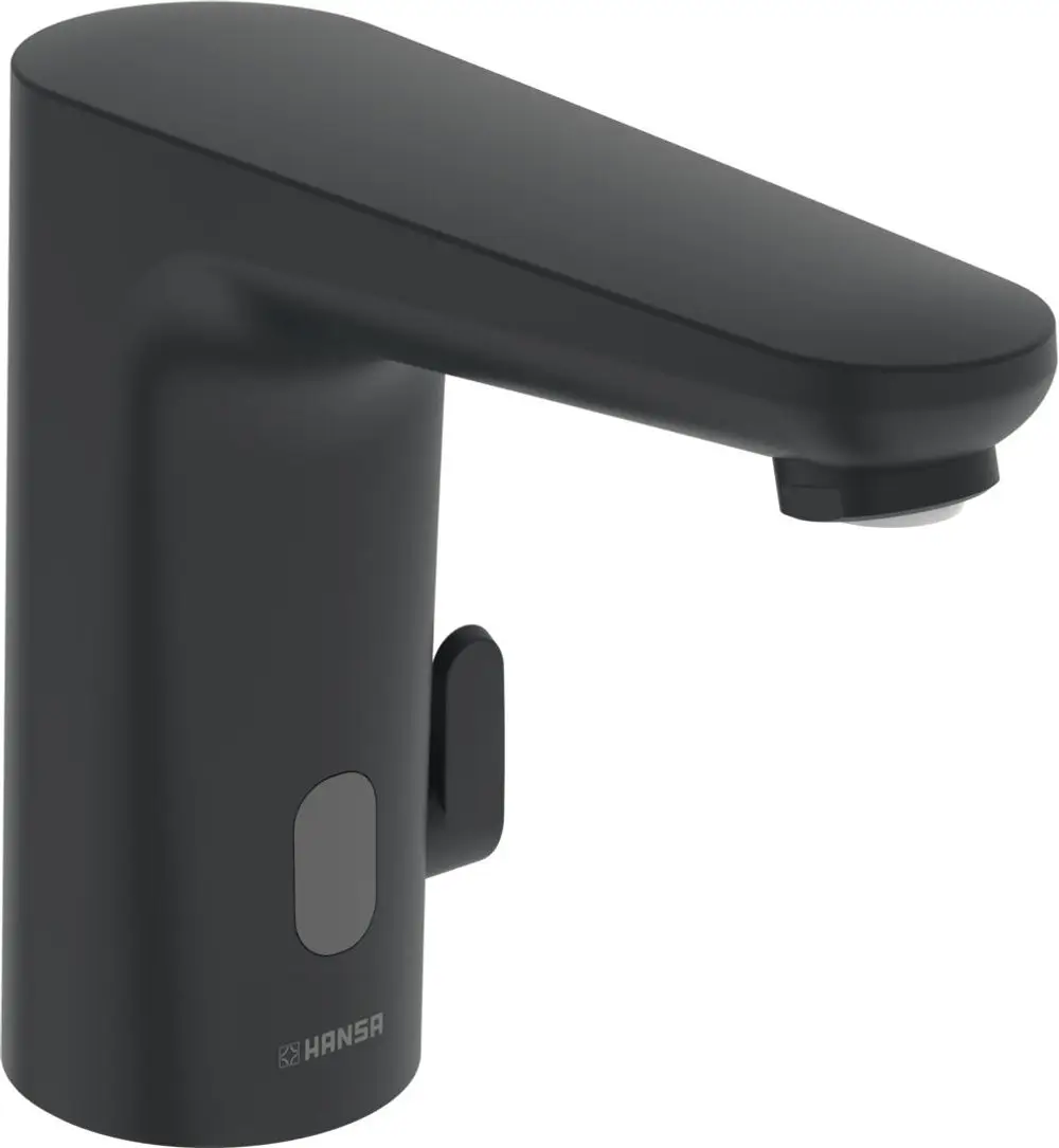 Schwarze Waschtischbatterie mit einem schlanken Design und einer Bedienoberfläche von HANSA, ausgestattet mit Bluetooth-Funktion.